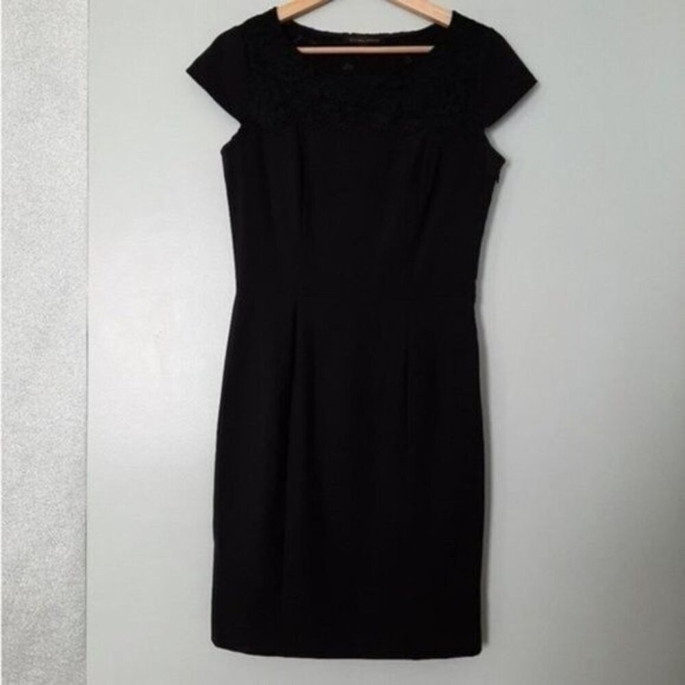 CYNTHIA STEFFE \ Wool Blend LBD Sheath Dress Lace Detail Black Sz 4
